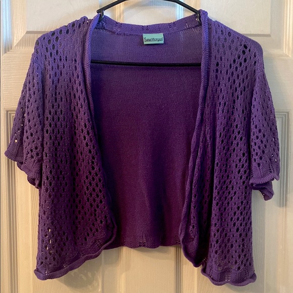VINTAGE SARA MORGAN Purple Open-Knit Cropped Cardigan Sweater - Picture 4 of 12